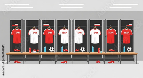 Professional Sports Locker Room Illustration with Team Jerseys