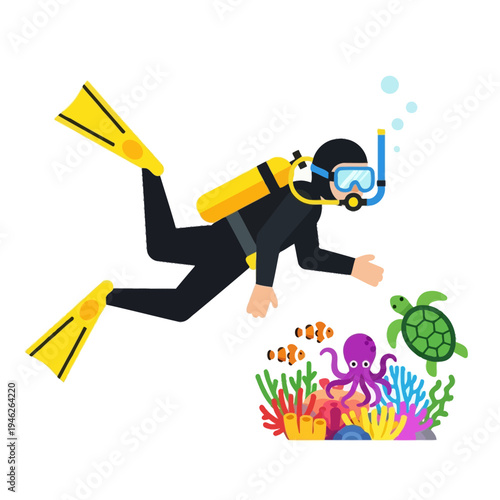 Scuba Diver Explores Vibrant Coral Reef with Turtle, Octopus, and Fish