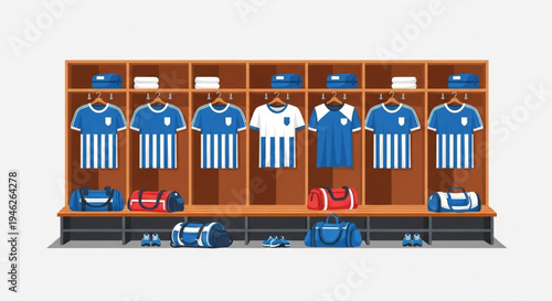Professional Soccer Locker Room Illustration with Team Jerseys
