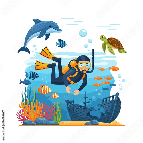 Scuba diver exploring shipwreck with dolphin, turtle, and fish in coral reef