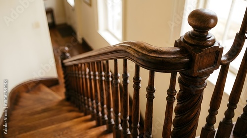 Elegant wooden staircase with intricate banister and balusters in a classic interior setting, viewed from above.