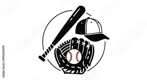 Vector illustration of a baseball glove with ball, bat, and cap in a circular composition on a white background.