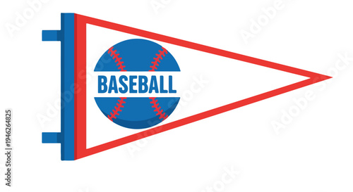 Graphic illustration of a red, white, and blue baseball pennant flag with a circular logo on a clean white background.