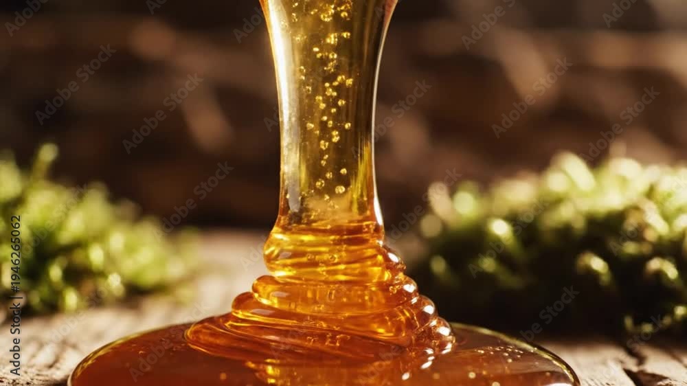 custom made wallpaper toronto digitalClose up golden honey flowing with bubbles pouring and dripping on wooden surface surrounded by greenery