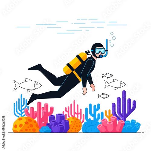 Scuba diver exploring vibrant coral reef with fish swimming around