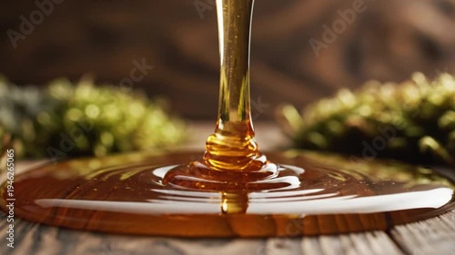Wallpaper Mural Close up slow motion pouring of amber honey onto a wooden surface creating ripples and golden reflections Torontodigital.ca