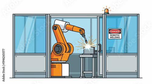 An industrial robotic arm performing welding operations within a safety-enclosed workstation.