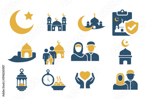 Ramadan and Islamic Culture Icons Set Flat Two Color Vector