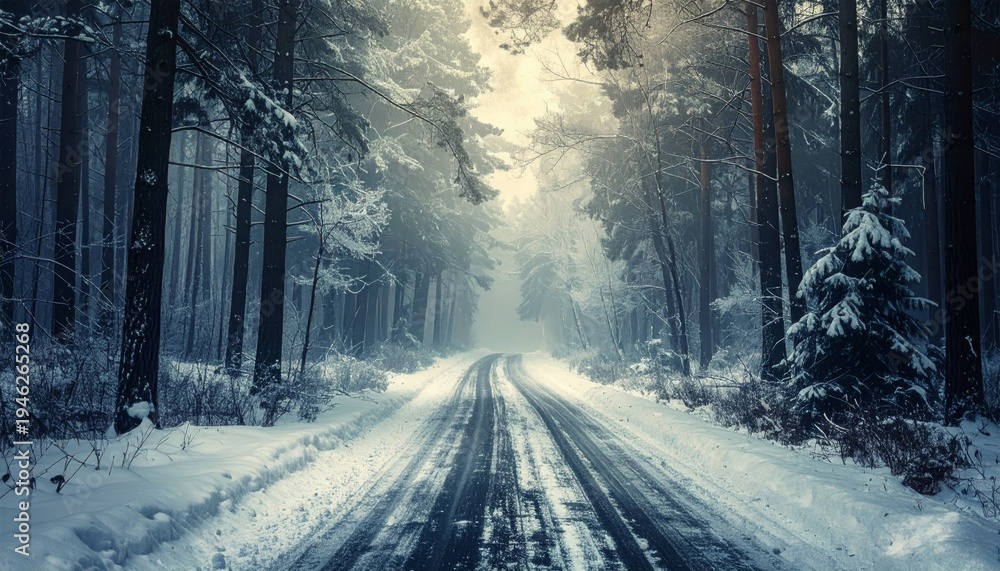 Obraz premium A serene winter landscape features a frozen road winding through a snowy forest under a cold blue sky as frost blankets the rural woods and trees in a white seasonal path