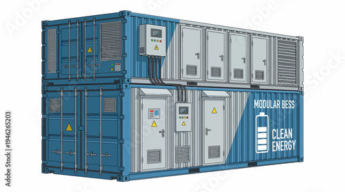 Illustration of a modular battery energy storage system housed within shipping containers, labeled 'MODULAR BESS CLEAN ENERGY'.