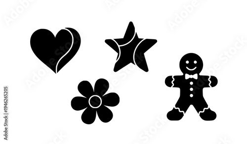 Minimal black silhouette icons heart star flower and gingerbread man simple vector set