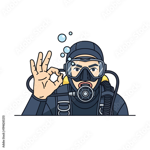 Scuba Diver Giving OK Sign Underwater, Bubbles Rising, Ready for Dive