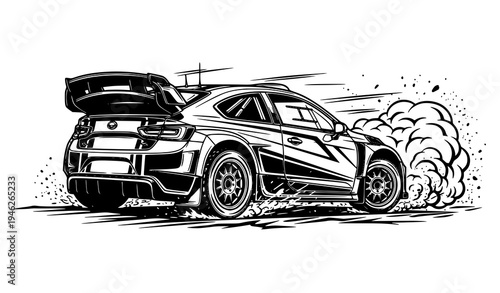 Detailed black and white rally race car drifting with dust and debris dynamic motorsport vector