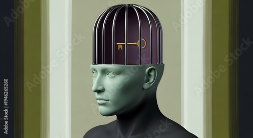 Surreal Concept of Human Mind Freedom with Birdcage and Golden Key