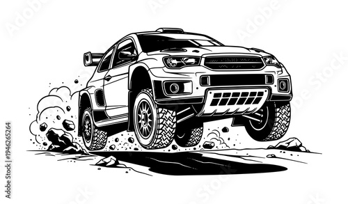 Aggressive rally car speeding through dirt with flying debris black and white motorsport vector