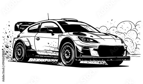 Black and white rally car in motion kicking up dirt aggressive racing vehicle vector illustration