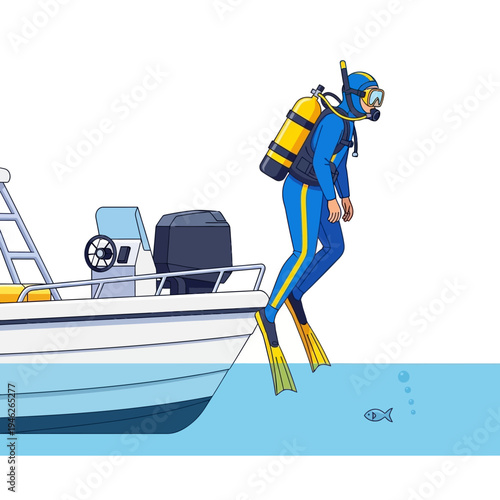 Scuba Diver in Blue Suit Jumps into Ocean from Boat, Ready for Underwater Adventure