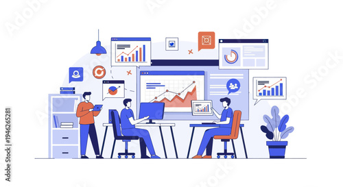 Team working together on business strategy and data analysis in modern office.