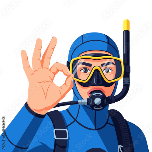 Scuba Diver in Blue Wetsuit Giving OK Sign Underwater