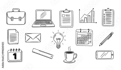 Business office doodle icon collection hand drawn sketch symbols with briefcase and workplace tools