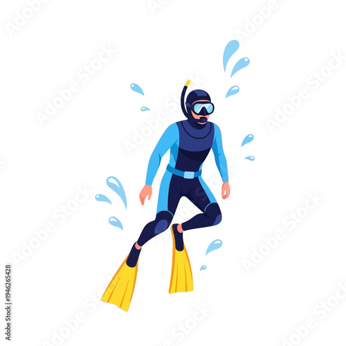 Scuba Diver in Blue Wetsuit with Yellow Fins Swimming Underwater