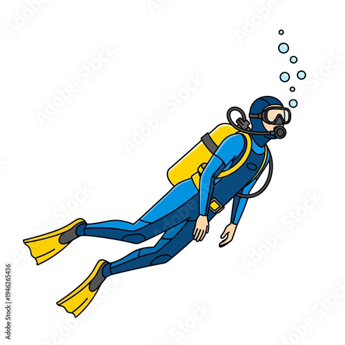Scuba diver in blue wetsuit with yellow fins and tank underwater, bubbles rising