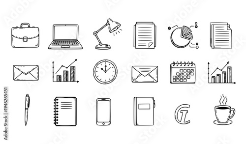 Hand drawn business and office icons doodle sketch vector set with briefcase laptop and charts