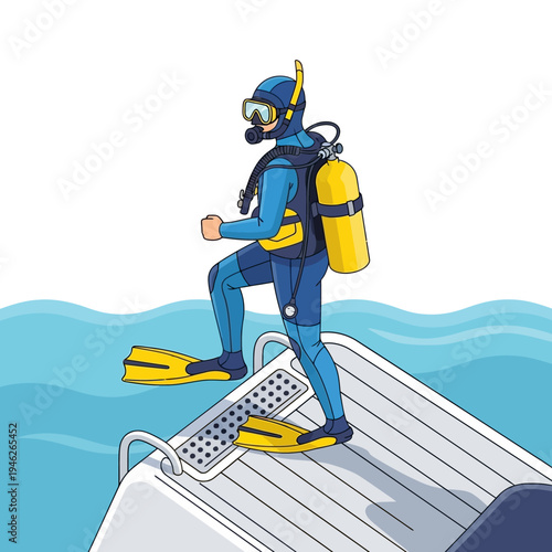 Scuba diver in blue wetsuit with yellow tank climbing onto boat ladder, ready for dive