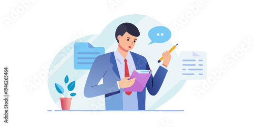 A stressed professional listens to feedback, holding a pen and notepad. Modern illustration style. Focus on improvement and listening.