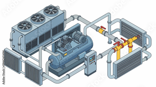 Industrial refrigeration system with compressor, condensers, and evaporators, illustrating a complex cooling process.