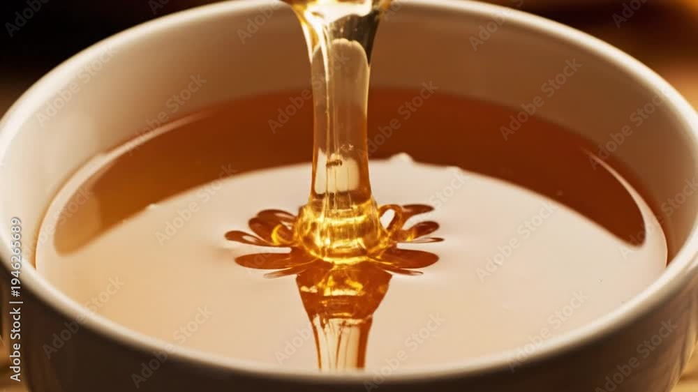custom made wallpaper toronto digitalClose up slow motion pouring of thick golden honey from wooden honey dipper into white ceramic bowl on table