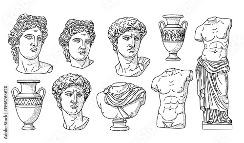 Ancient Greek statues heads busts and vases vector set