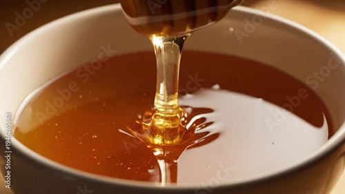Wallpaper Mural Close up view of amber honey pouring from wooden honey dipper into white ceramic bowl in soft focus Torontodigital.ca