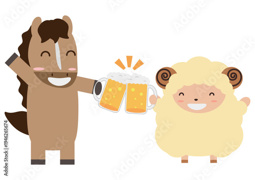 ビールで乾杯する馬と羊の干支イラスト 飲み会素材