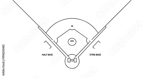 Technical drawing of a baseball diamond with labeled bases on a white background.