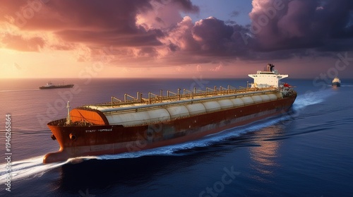 Oil Tanker Escorted by Military Warships in Persian Gulf, Geopolitical Tension and Maritime Security Concept, Dramatic Sunset Naval Illustration.