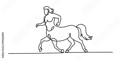 Continuous line drawing of a mythical centaur creature with a human torso and horse body. Vector, illustration