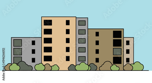 Row of Apartment Buildings with Minimalist Style and Greenery.