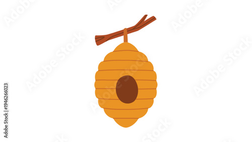 Cartoon Honey Beehive Hanging on Tree Branch Vector Illustration