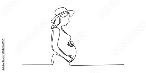Continuous one line drawing of a pregnant woman in a hat holding her belly on white background. Vector, illustration