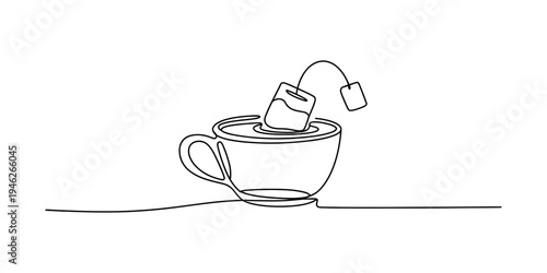 Continuous line drawing of a cup of hot tea with a tea bag dipping into the water Vector, illustration