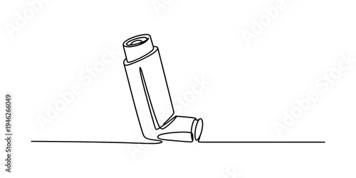 Single continuous line drawing of an asthma inhaler for respiratory health medical concept Vector, illustration