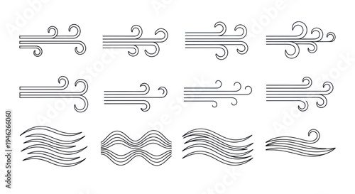 Set of various wind and air current line icons representing movement and flow.