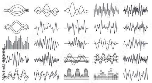 Set of various sound waves and audio spectrums for music and voice.