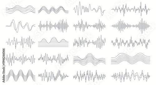 Set of various sound waves and audio spectrums, representing different frequencies and amplitudes.