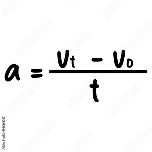 Handwritten physics equation calculating acceleration from initial and final velocity over time, study, learning, education, numbers, symbols, formula, classroom, problem solving.
