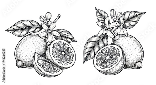 Vintage Lemon Illustration with Flowers and Leaves.