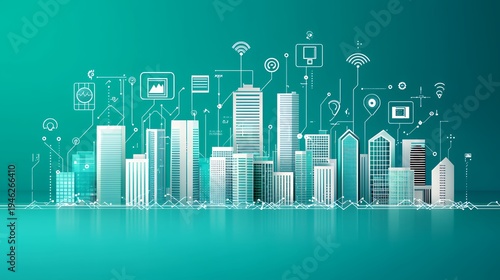 Modern Cyan and White Smart City Landscape with Abstract Technology Icons Representing Digital Infrastructure and Connectivity