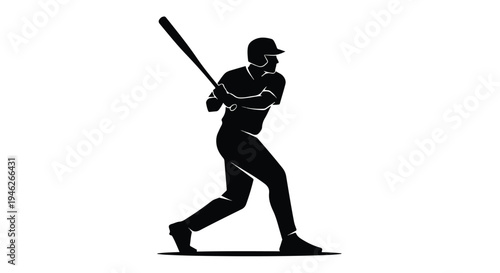 Black silhouette of a baseball player swinging a bat in a ready stance against a white background.