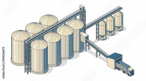 Isometric illustration of a grain silo complex with conveyor belts and a truck for loading agricultural products.